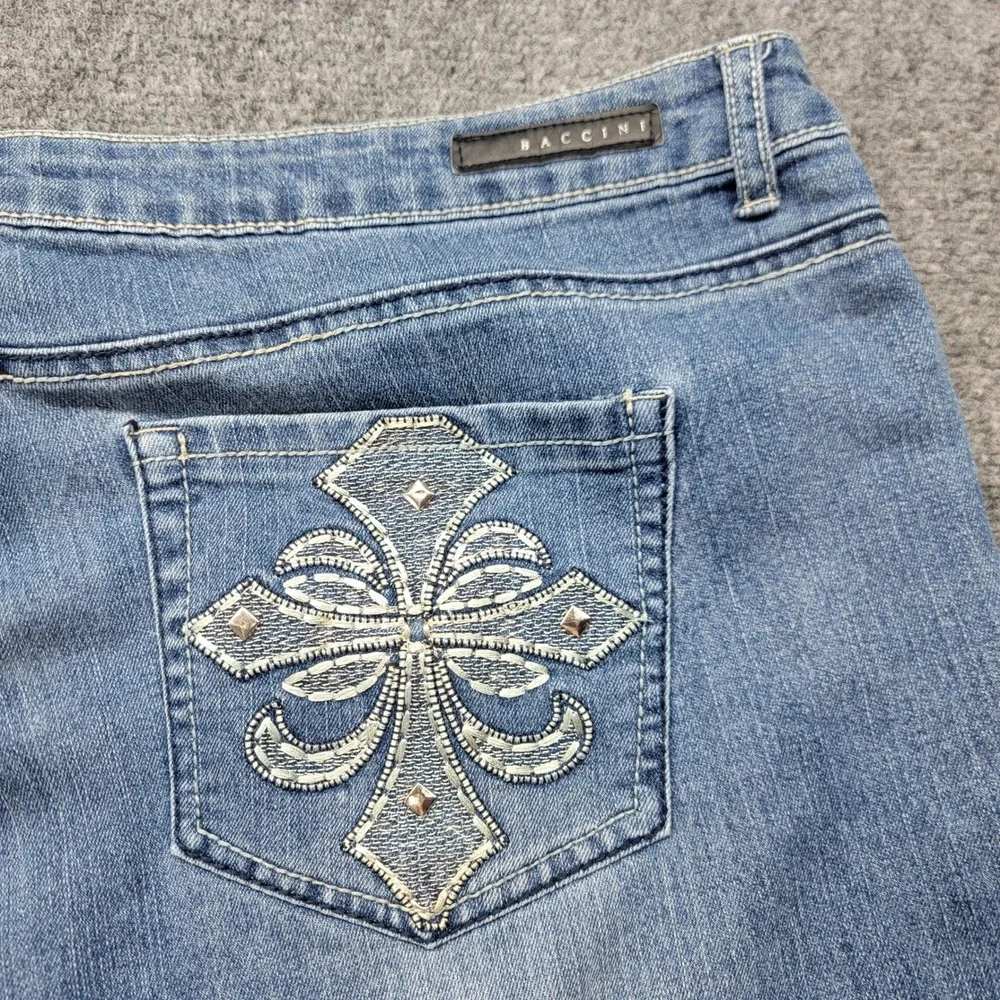 Baccini Womens 22W Denim Bermuda Shorts Blue Embroidered Fleur De Lis Studded